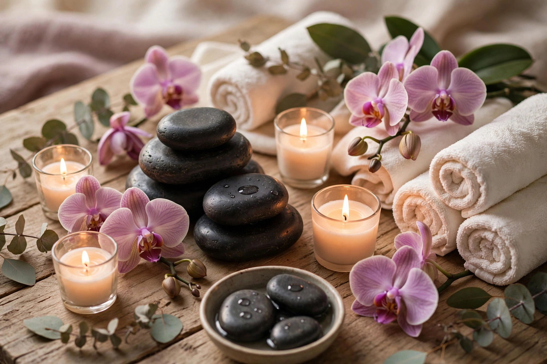 Ambiente de spa con velas, orquídeas y piedras calientes